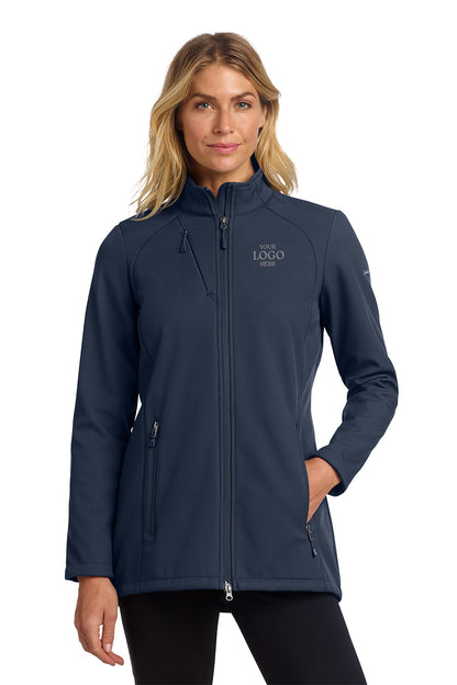 Navy blue jacket with a logo on a white background, embroidered Eddie Bauer® Women's Stretch Soft Shell Jacket