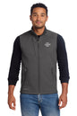 Man wearing a gray vest with a logo on a white background embroidered Eddie Bauer® Stretch Soft Shell Vest
