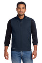 Man wearing a navy vest over a black long-sleeve shirt with a white background, embroidered Eddie Bauer® Stretch Soft Shell Vest