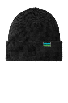 A black ribbed knit beanie hat with a small Patagonia logo patch on the front cuff, shown against a plain white background. Port Authority® Thermal Knit Cuff Beanie, Great lakes motorcoach