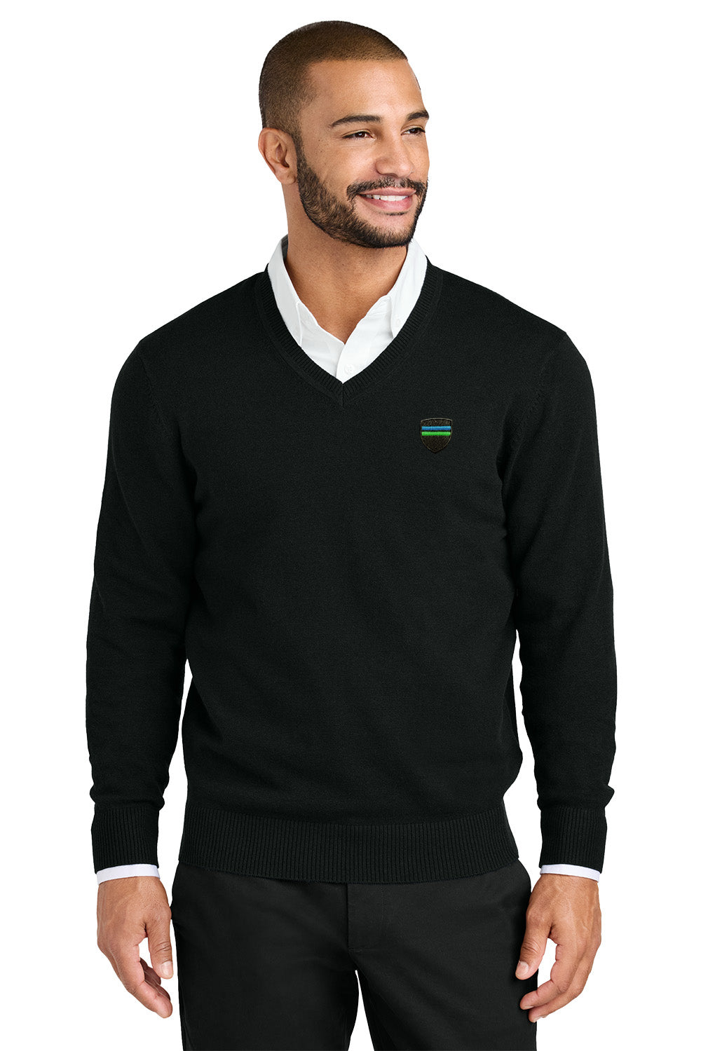 Man wearing a black sweater with a logo on a white background. Port Authority® Easy Care V-Neck Sweater, Great lakes motorcoach