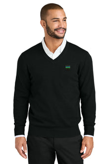 Man wearing a black sweater with a logo on a white background. Port Authority® Easy Care V-Neck Sweater, Great lakes motorcoach