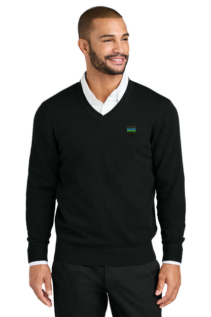 Man wearing a black sweater with a logo on a white background. Port Authority® Easy Care V-Neck Sweater, Great lakes motorcoach
