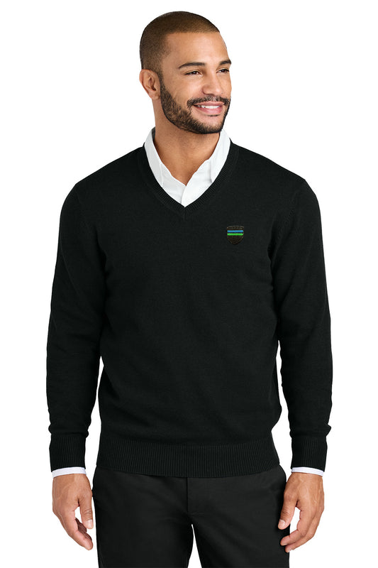 Man wearing a black sweater with a logo on a white background. Port Authority® Easy Care V-Neck Sweater, Great lakes motorcoach