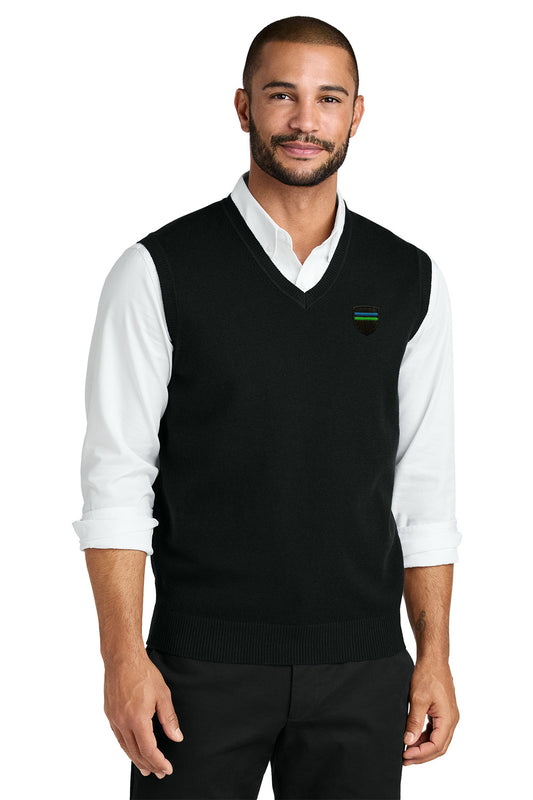 Man wearing a black sweater vest over a white shirt on a white background. Port Authority® Easy Care Sweater Vest, Great lakes motorcoach