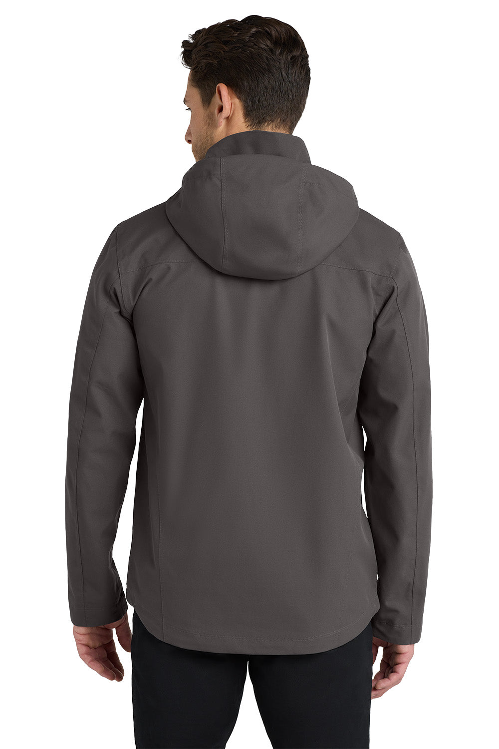 A man viewed from the back wearing a dark gray hooded jacket and black pants against a plain white background. Port Authority® Collective Outer Shell Jacket, Embroidered