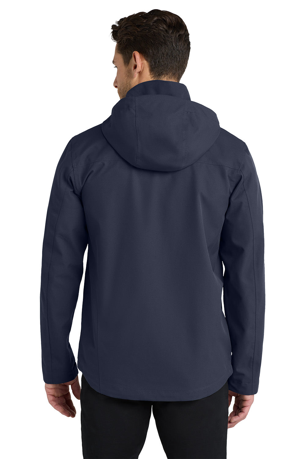 A man viewed from the back wearing a navy blue hooded jacket and black pants against a plain white background. Port Authority® Collective Outer Shell Jacket, Embroidered