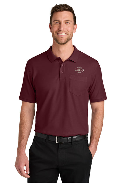 Man wearing a maroon polo shirt with a logo on a white background Port Authority® Wearever Signature Pique Polo, Embroidered