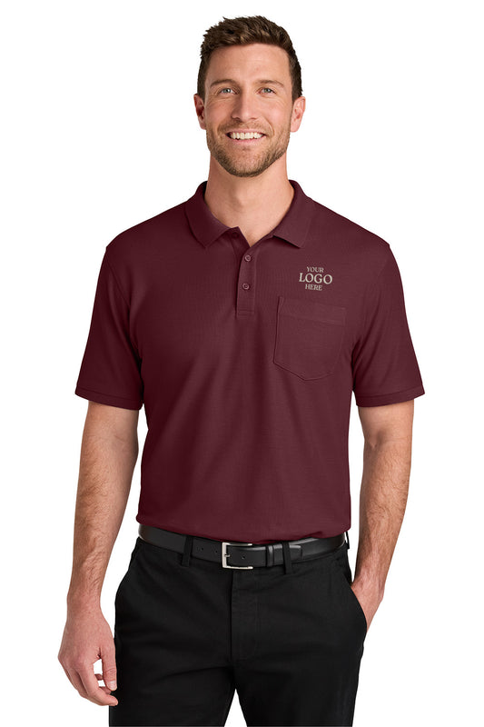 Man wearing a maroon polo shirt with a logo on a white background Port Authority® Wearever Signature Pique Polo, Embroidered