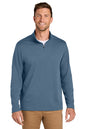 A man wearing a slate blue quarter-zip long-sleeve shirt over a white undershirt and tan pants, standing against a solid white background. Port Authority® Breakwater 1/4-Zip Pullover, Embroidered