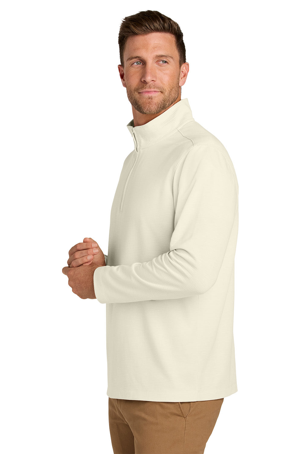 Man wearing a cream-colored pullover against a white background. Port Authority® Breakwater 1/4-Zip Pullover, Embroidered