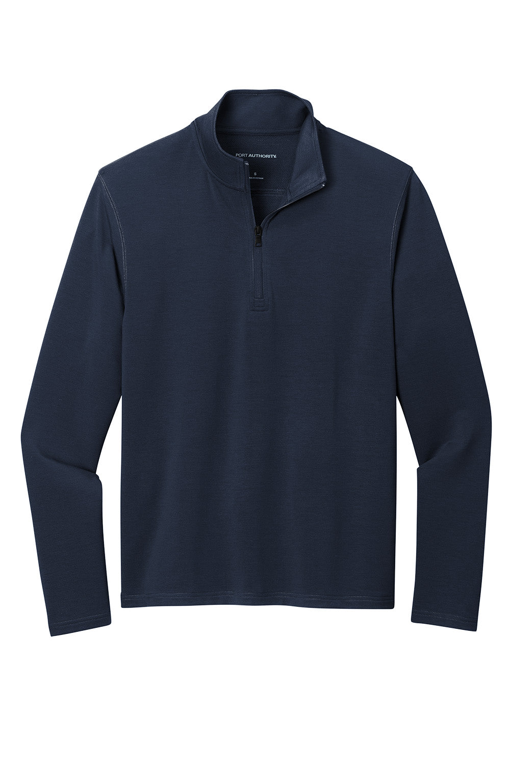 Navy long-sleeve shirt with a quarter-zip on a white background. Port Authority® Microterry 1/4-Zip Pullover, Embroidered by Helmsman Stitch Co.