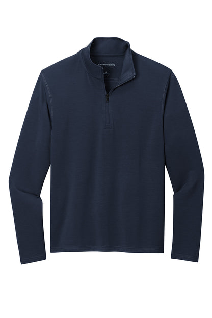 Navy long-sleeve shirt with a quarter-zip on a white background. Port Authority® Microterry 1/4-Zip Pullover, Embroidered by Helmsman Stitch Co.