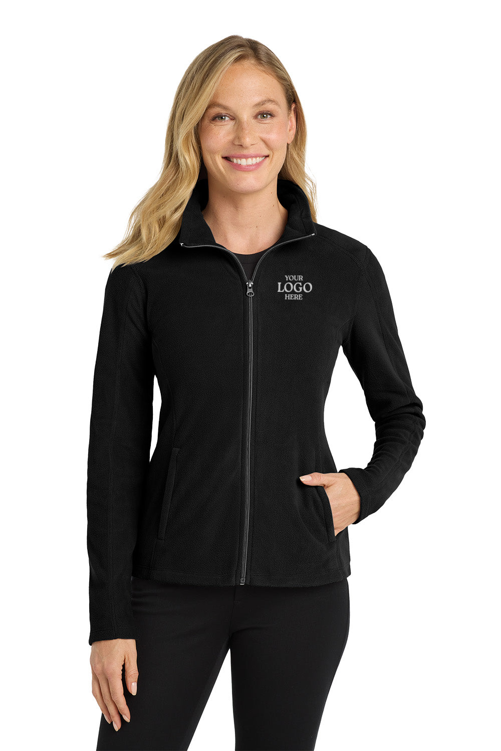 Woman wearing a black jacket with customizable text on a white background Port Authority® Women's Microfleece Jacket, Embroidered