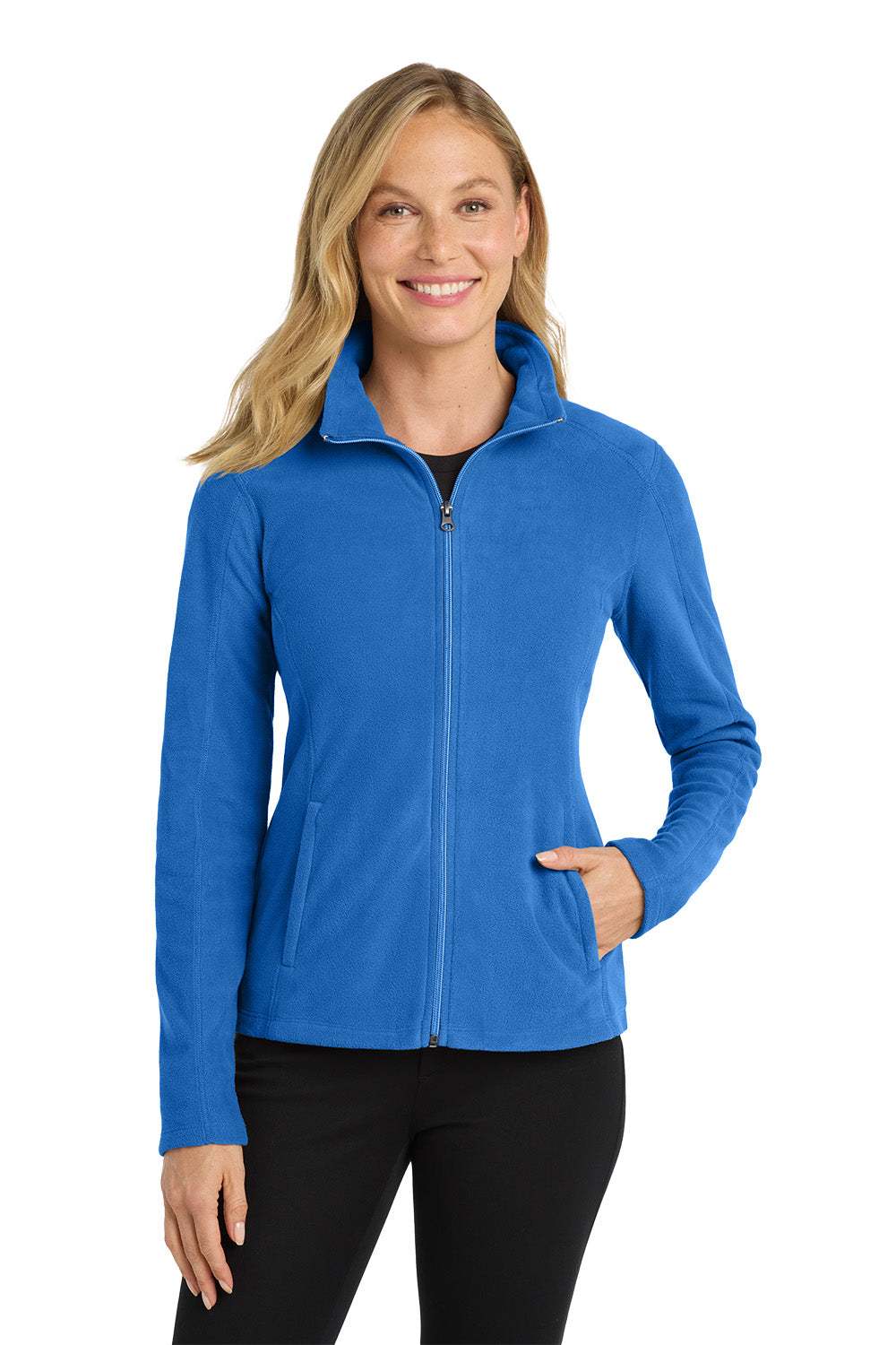 Woman wearing a blue jacket on a white background Port Authority® Women's Microfleece Jacket, Embroidered