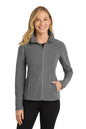 Woman wearing a gray fleece jacket on a white background Port Authority® Women's Microfleece Jacket, Embroidered