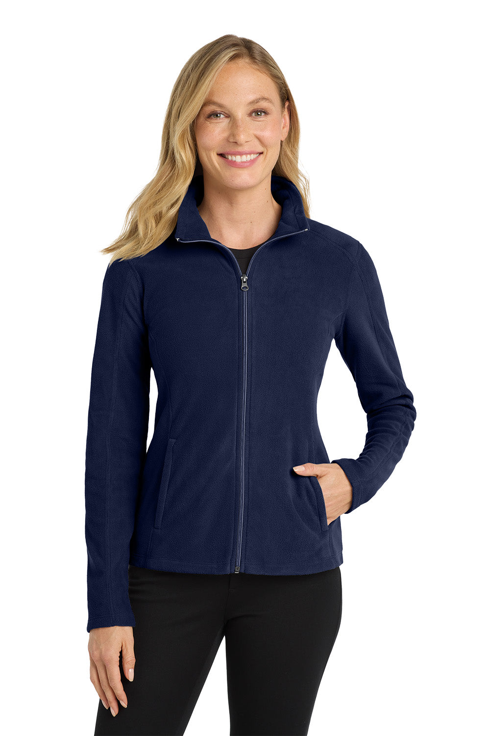Woman wearing a navy blue fleece jacket on a white background Port Authority® Women's Microfleece Jacket, Embroidered