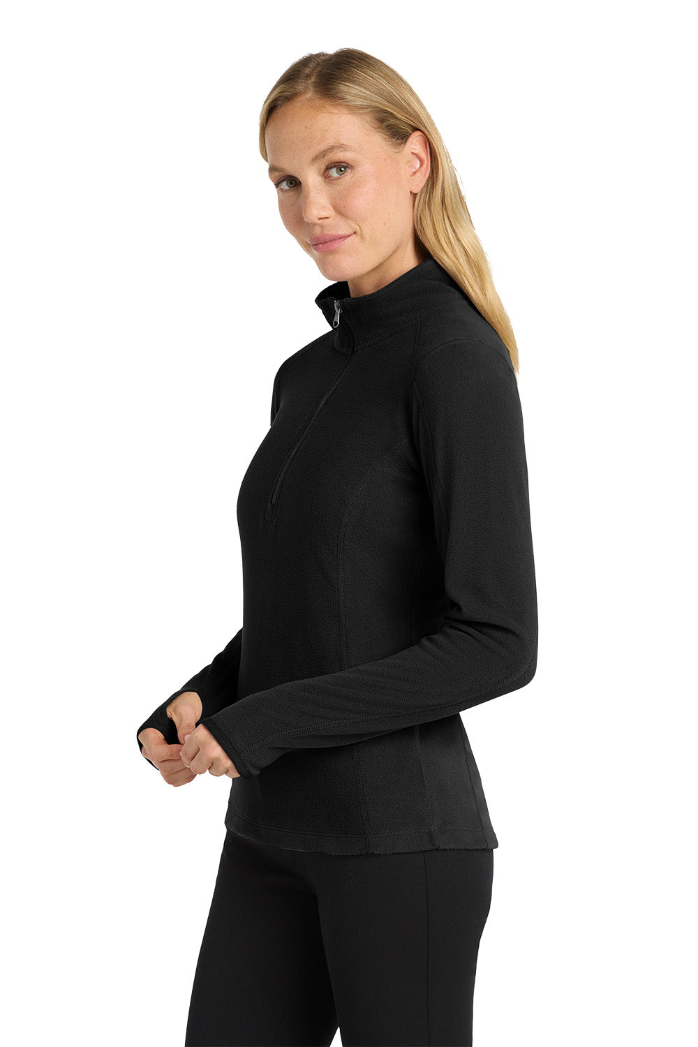 Woman wearing a black long-sleeve top and black pants on a white background Port Authority® Women's Microfleece 1/2-Zip Pullover, Embroidered