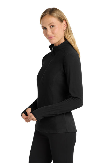 Woman wearing a black long-sleeve top and black pants on a white background Port Authority® Women's Microfleece 1/2-Zip Pullover, Embroidered