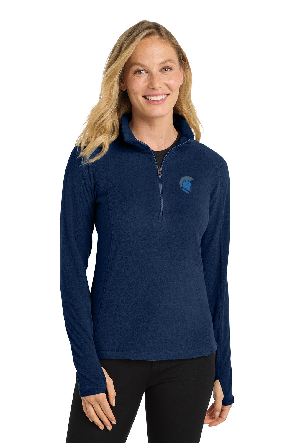 woman wearing a blue pullover with a sparta trojans logo on the left chest, embroidered, on a white background