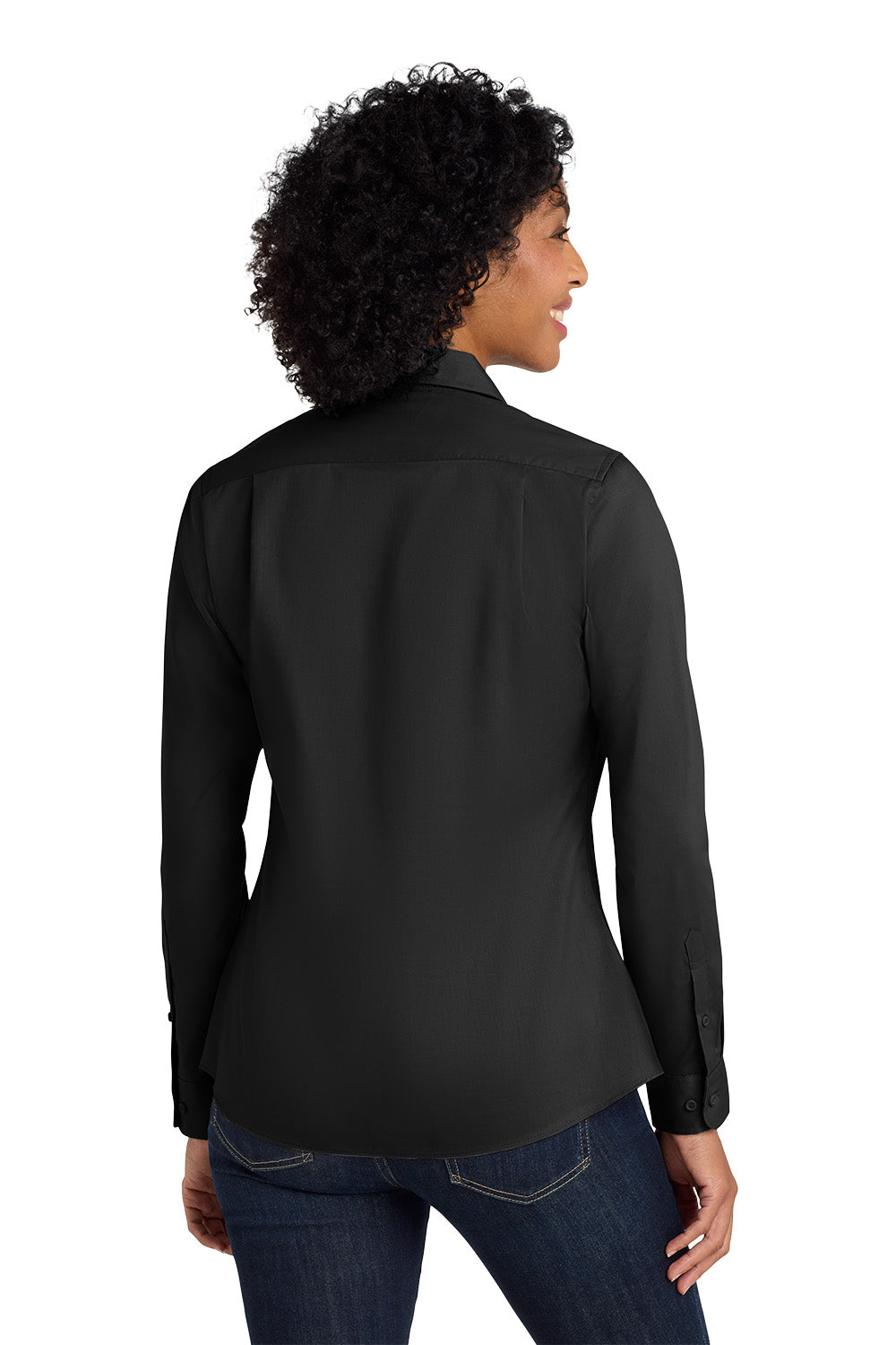 Woman wearing a black long-sleeve shirt on a white background Port Authority® Women's SuperPro™ Twill Shirt, Embroidered