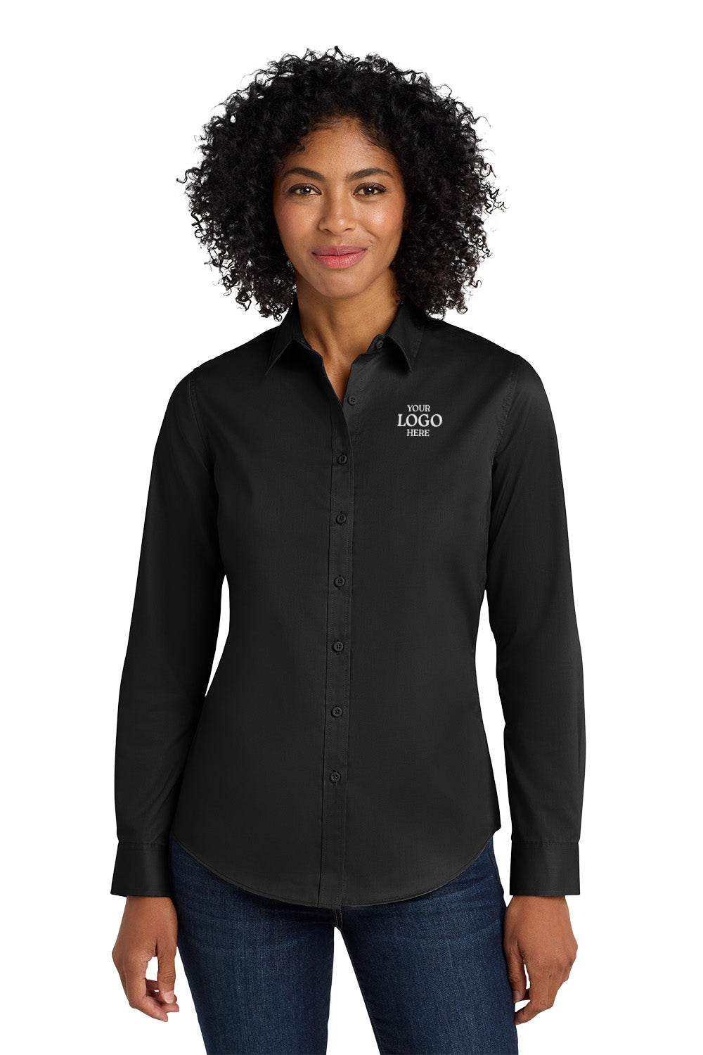 Woman wearing a black shirt with a logo on a white background Port Authority® Women's SuperPro™ Twill Shirt, Embroidered