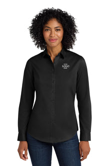Woman wearing a black shirt with a logo on a white background Port Authority® Women's SuperPro™ Twill Shirt, Embroidered