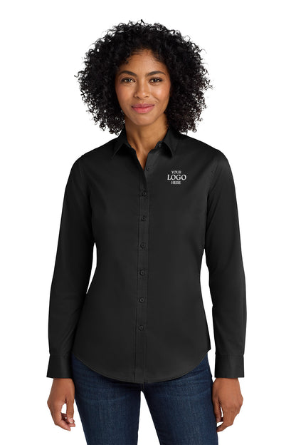 Woman wearing a black shirt with a logo on a white background Port Authority® Women's SuperPro™ Twill Shirt, Embroidered