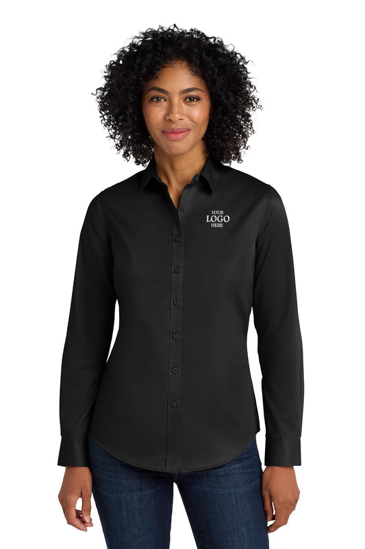Woman wearing a black shirt with a logo on a white background Port Authority® Women's SuperPro™ Twill Shirt, Embroidered