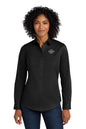 Woman wearing a black shirt with a logo on a white background Port Authority® Women's SuperPro™ Twill Shirt, Embroidered