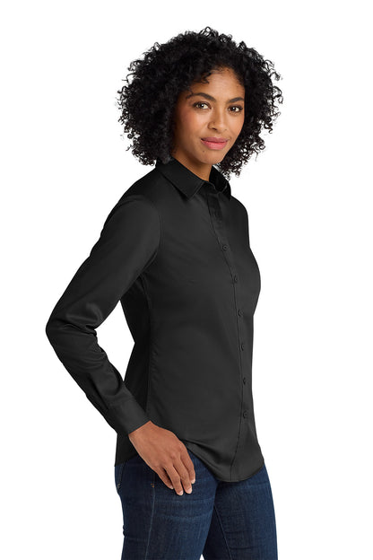 Woman wearing a black shirt on a white background Port Authority® Women's SuperPro™ Twill Shirt, Embroidered