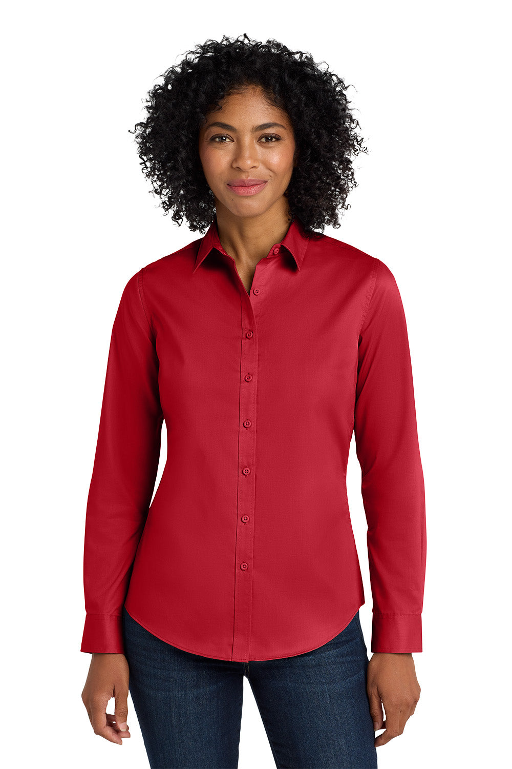 Woman wearing a red button-up shirt on a white background Port Authority® Women's SuperPro™ Twill Shirt, Embroidered