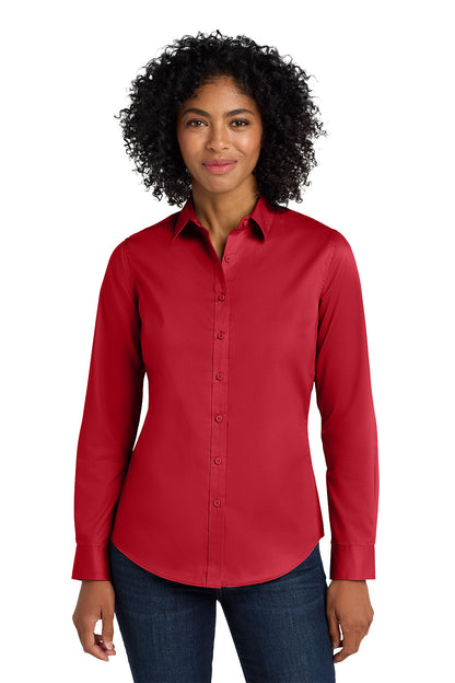 Woman wearing a red button-up shirt on a white background Port Authority® Women's SuperPro™ Twill Shirt, Embroidered