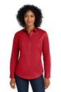 Woman wearing a red button-up shirt on a white background Port Authority® Women's SuperPro™ Twill Shirt, Embroidered