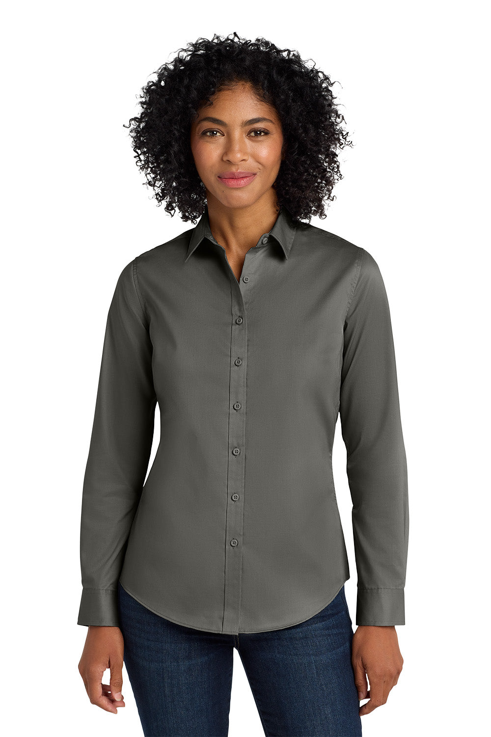 Woman wearing a gray button-up shirt and jeans on a white background Port Authority® Women's SuperPro™ Twill Shirt, Embroidered