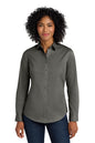 Woman wearing a gray button-up shirt and jeans on a white background Port Authority® Women's SuperPro™ Twill Shirt, Embroidered