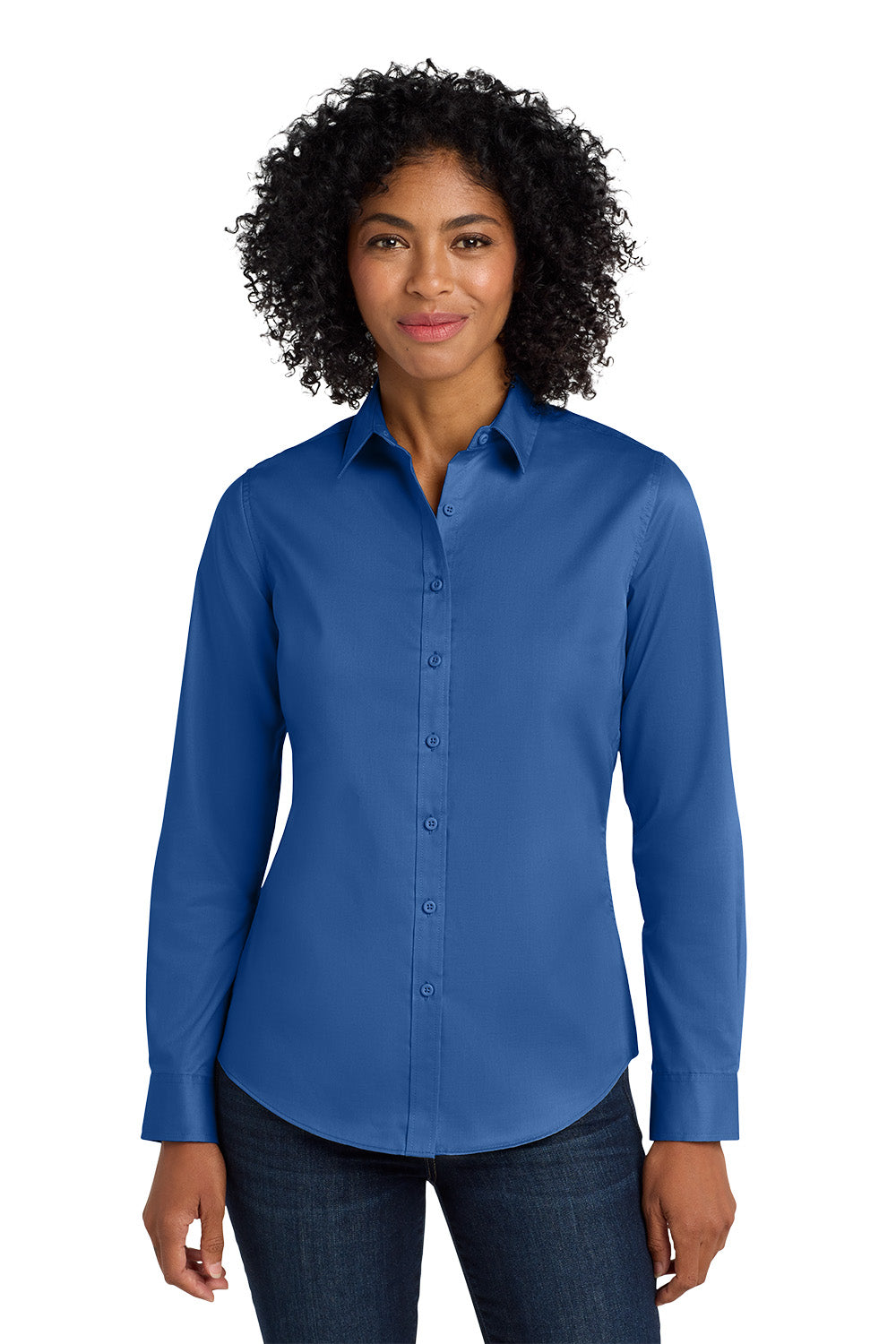 Woman wearing a blue shirt on a white background Port Authority® Women's SuperPro™ Twill Shirt, Embroidered