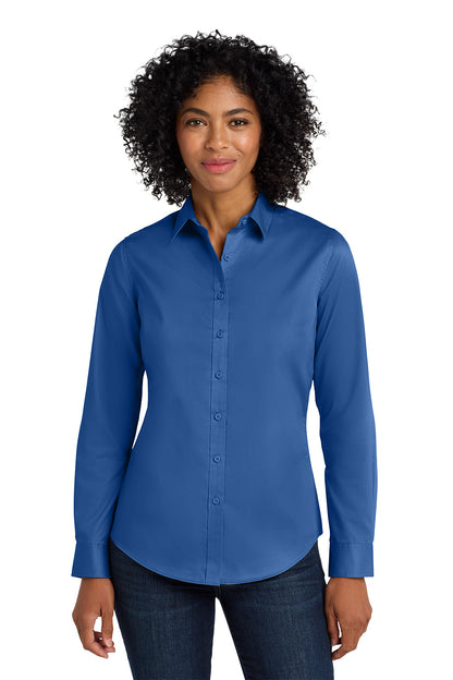 Woman wearing a blue shirt on a white background Port Authority® Women's SuperPro™ Twill Shirt, Embroidered