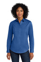 Woman wearing a blue shirt on a white background Port Authority® Women's SuperPro™ Twill Shirt, Embroidered