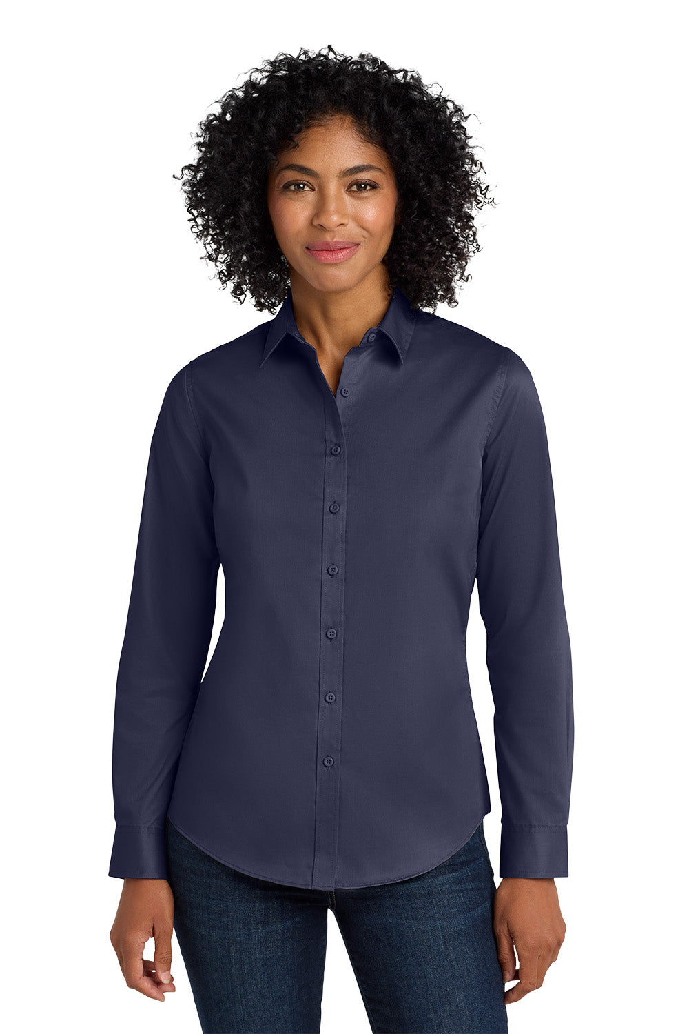 Woman wearing a navy blue button-up shirt on a white background Port Authority® Women's SuperPro™ Twill Shirt, Embroidered