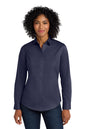 Woman wearing a navy blue button-up shirt on a white background Port Authority® Women's SuperPro™ Twill Shirt, Embroidered