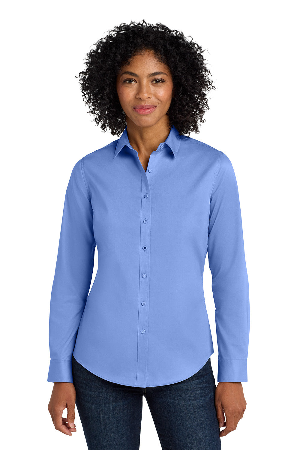Woman wearing a light blue button-up shirt on a white background Port Authority® Women's SuperPro™ Twill Shirt, Embroidered