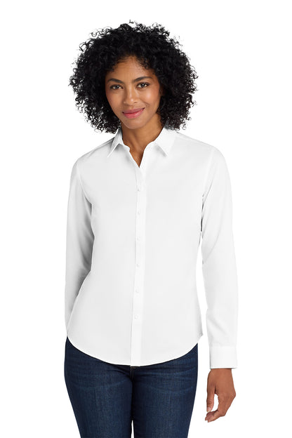 Woman wearing a white shirt and dark jeans on a white background Port Authority® Women's SuperPro™ Twill Shirt, Embroidered