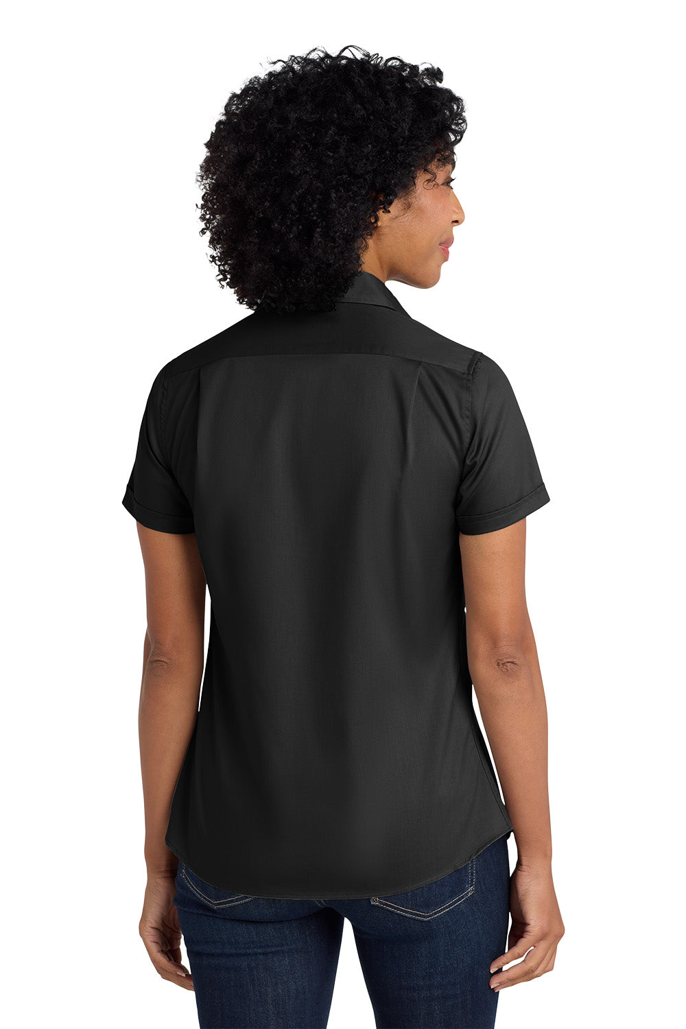 Person wearing a black short-sleeve shirt on a white background Port Authority® Women's Short Sleeve SuperPro™ Twill Shirt, Embroidered