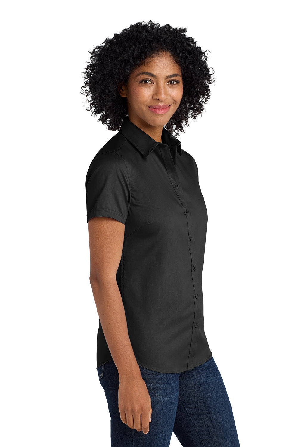 Woman wearing a black short-sleeve shirt on a white background Port Authority® Women's Short Sleeve SuperPro™ Twill Shirt, Embroidered