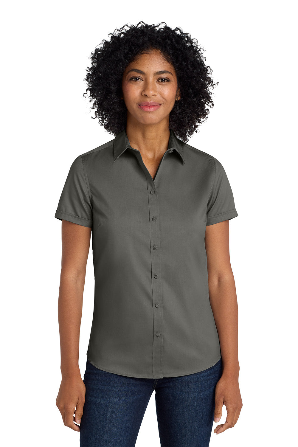 Woman wearing a gray short-sleeve shirt on a white background Port Authority® Women's Short Sleeve SuperPro™ Twill Shirt, Embroidered