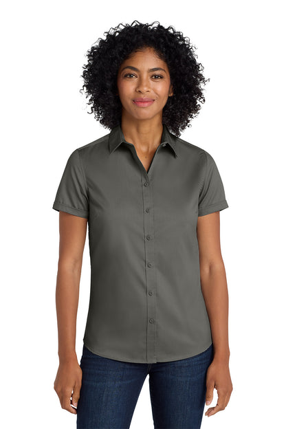Woman wearing a gray short-sleeve shirt on a white background Port Authority® Women's Short Sleeve SuperPro™ Twill Shirt, Embroidered