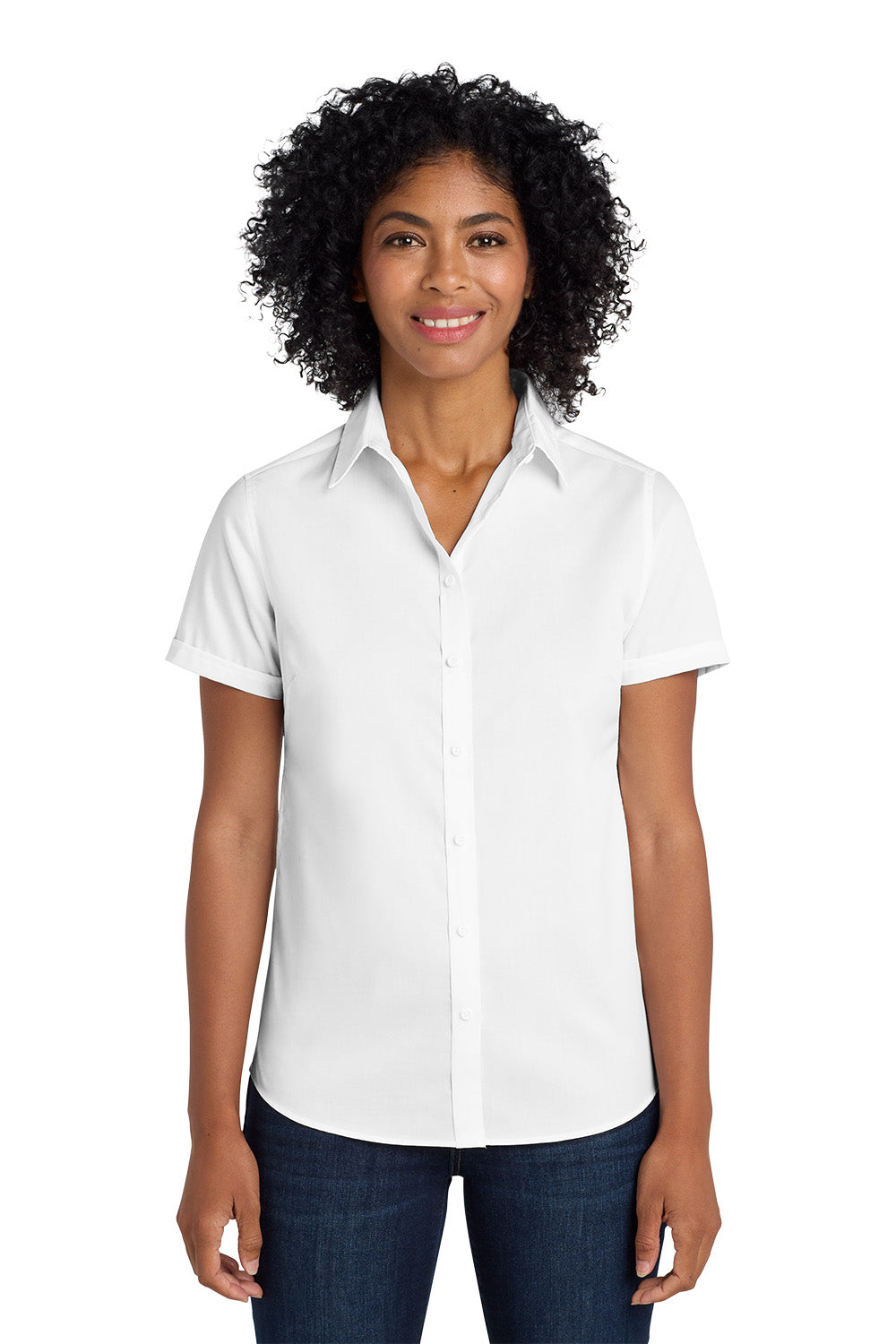 Woman wearing a white short-sleeve shirt on a white background Port Authority® Women's Short Sleeve SuperPro™ Twill Shirt, Embroidered