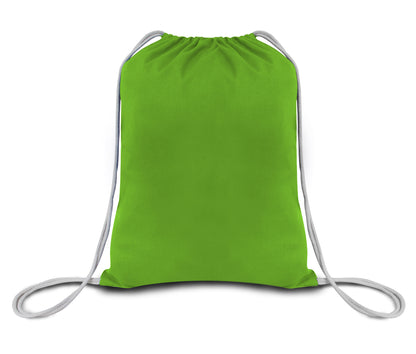 Green drawstring bag on a white background. OAD Economical Canvas Pack, Embroidered by Helmsman Stitch Co.