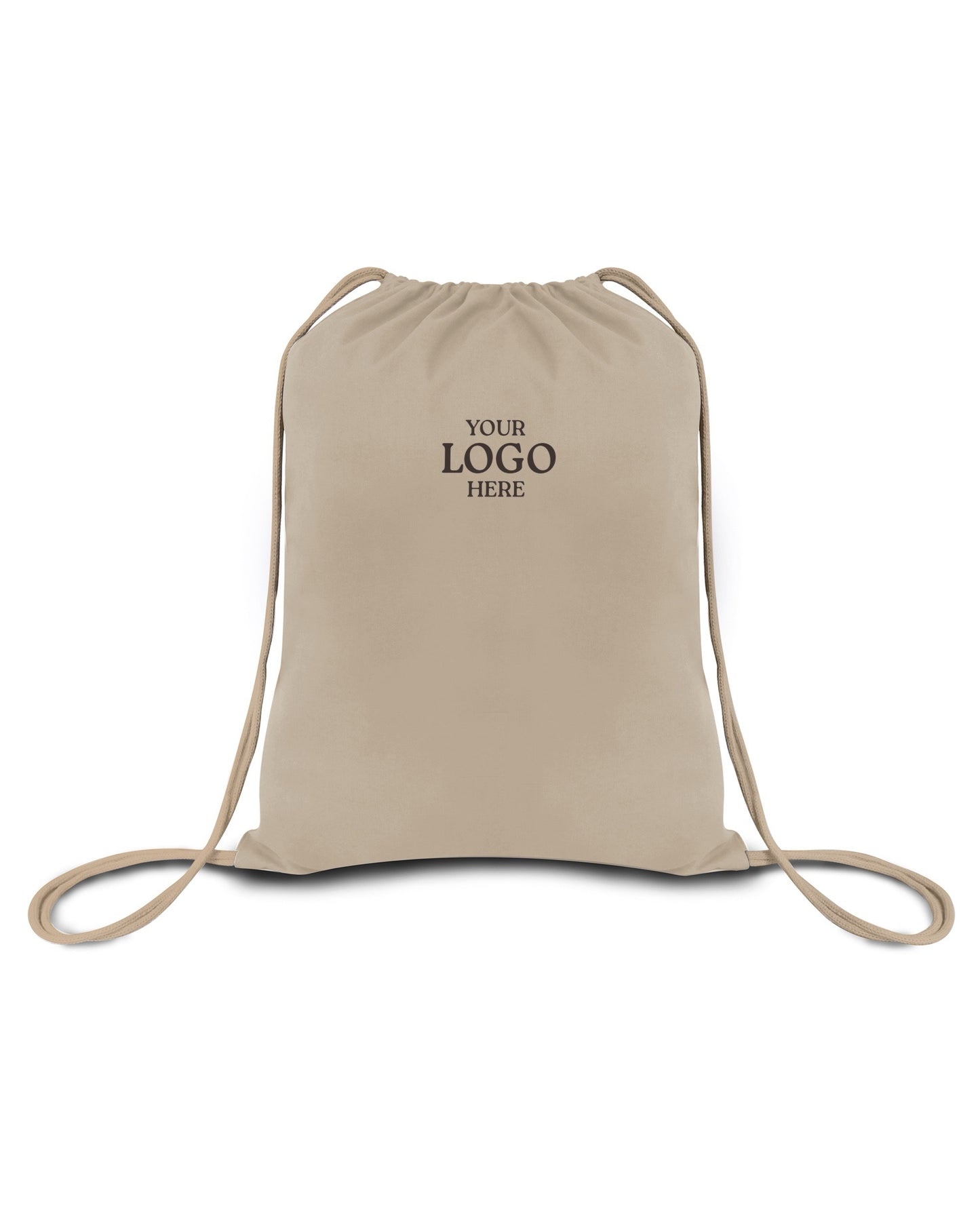 Beige drawstring bag with space for a logo on a white background. OAD Economical Canvas Pack, Embroidered by Helmsman Stitch Co.